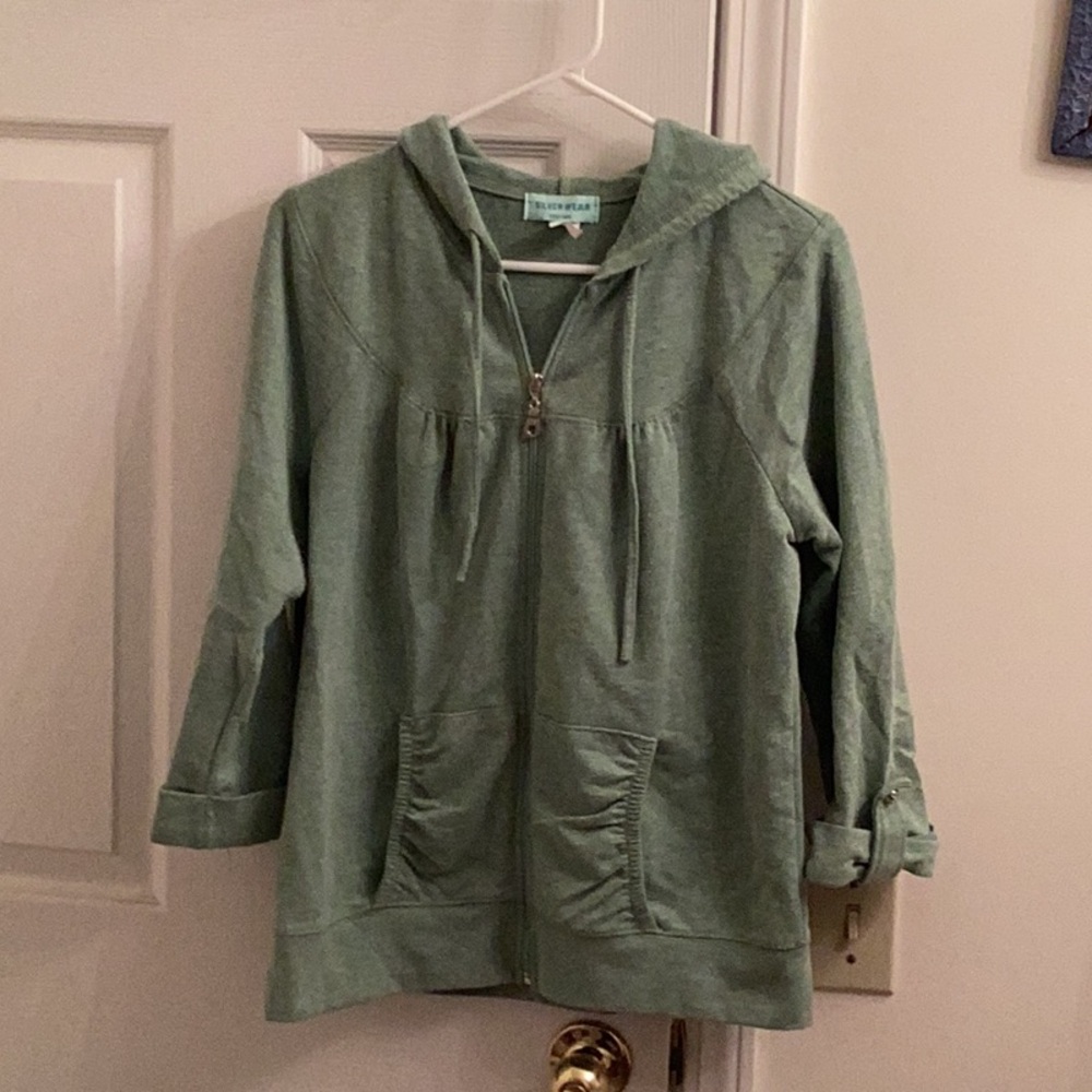 Rare 80s Silverware NY Ruffled Olive Green Hooded Jacket Top W/Buttoned Sleeves